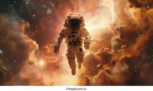 Astronaut Floating in Orange Nebula