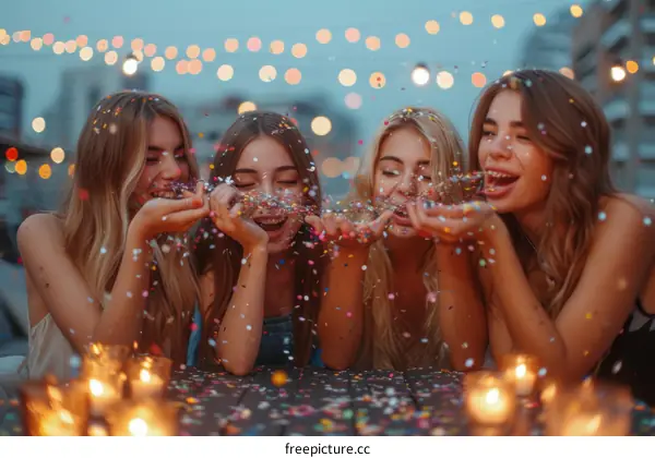 Four young women celebrating with confetti