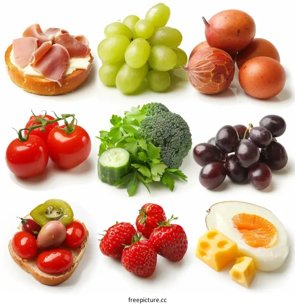 Assortment of Fresh Food: Bread, Fruit, Vegetables, and Cheese