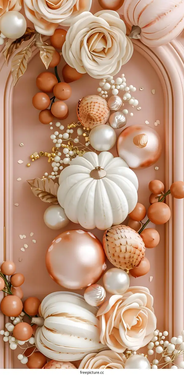 Fall Festive Arrangement with White Pumpkins, Roses and Pearls