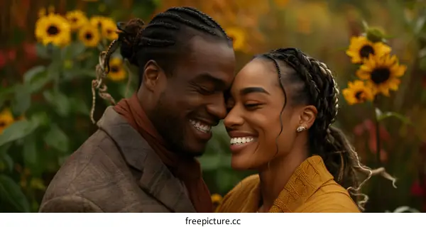 Smiling Couple In A Sunflower Field
