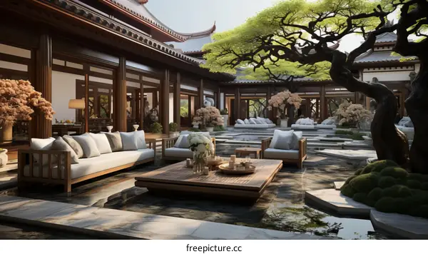 Courtyard with a large tree and a pool in the middle