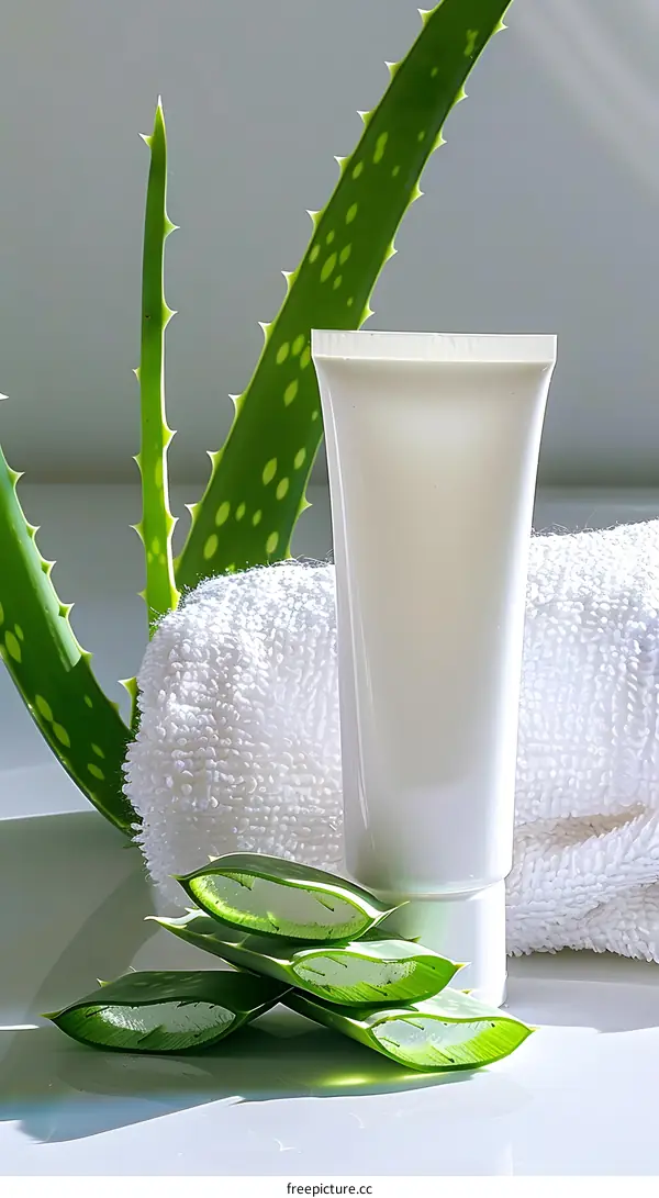 Aloe Vera Plant and Cream Tube with White Towel