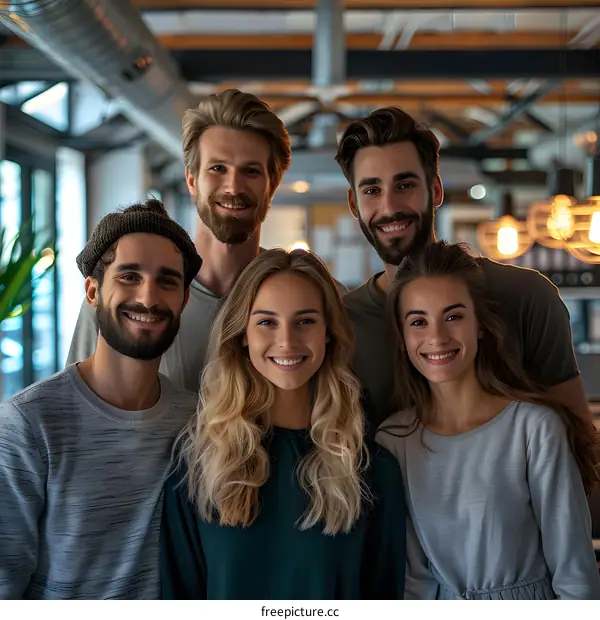 portrait of five smiling people in a modern office