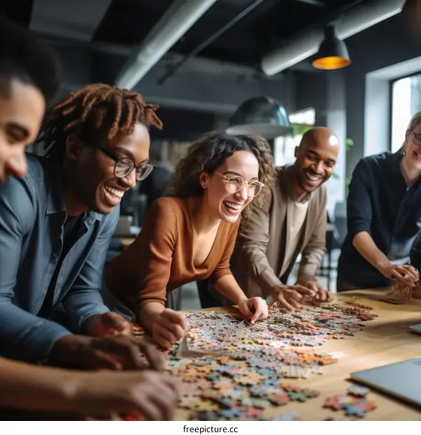 Multiethnic group of business people putting together a puzzle
