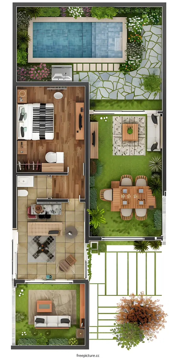 Top View of Modern House With Swimming Pool and Garden
