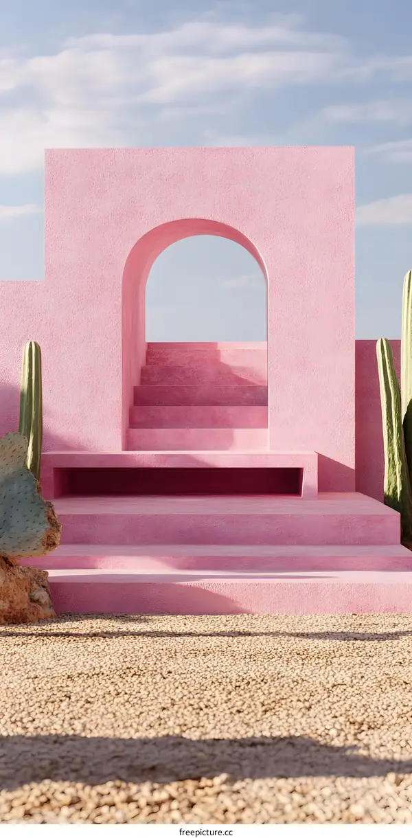 Pink Minimalist Desert Archway with Steps and Cactus