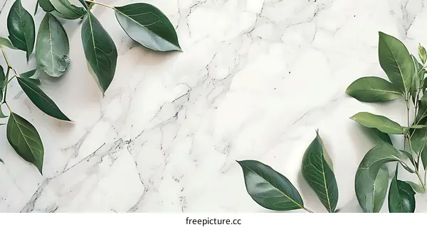 Green Leaves on White Marble Background
