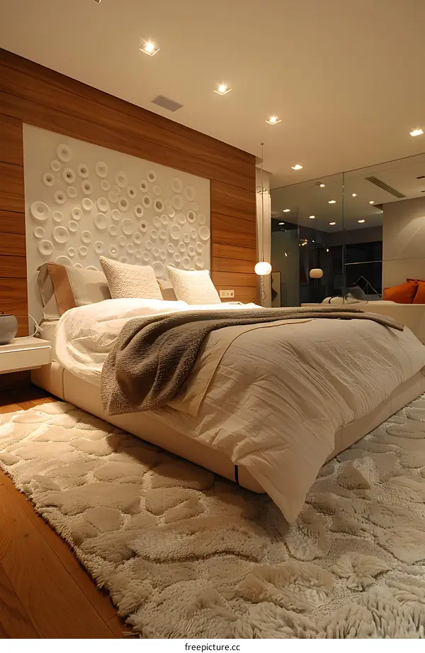 Modern minimalist bedroom with floating bed and round wood sculptures on the wall