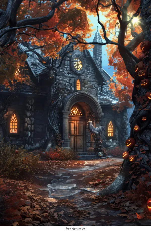 Spooky Haunted House In The Woods At Night With Pumpkins