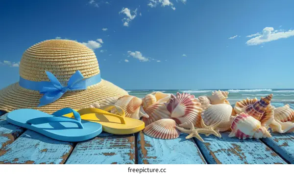 Beach scene with straw hat, flip-flops, and seashells