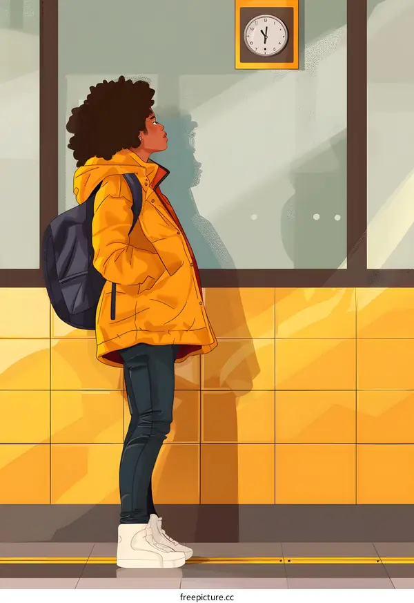 Woman in Yellow Jacket Waiting at the Subway Station