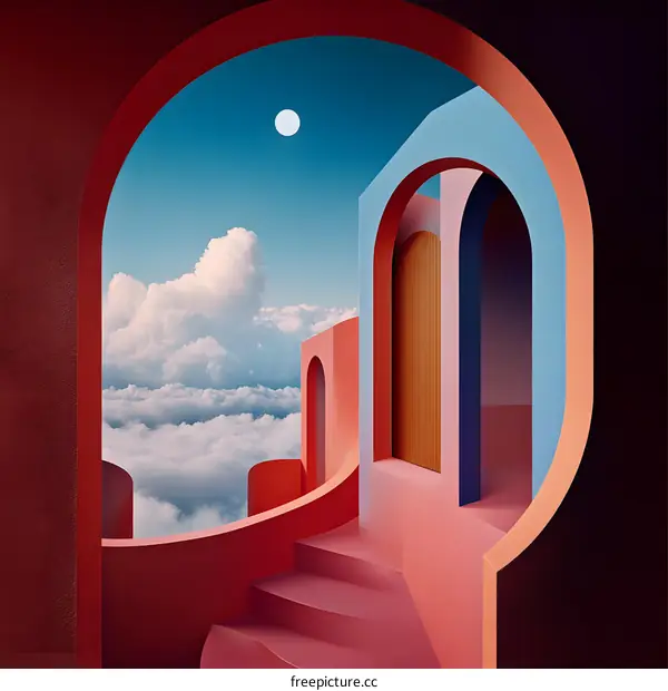 Abstract Minimalist 3D Archway Design with Cloud Background