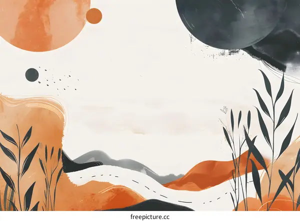 Abstract Watercolor Painting with Plants and Shapes