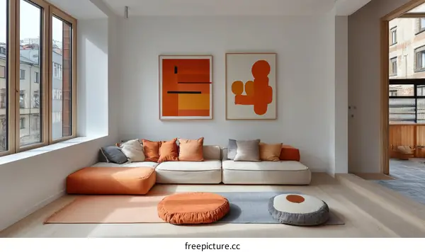 Modern Living Room with Orange Accents
