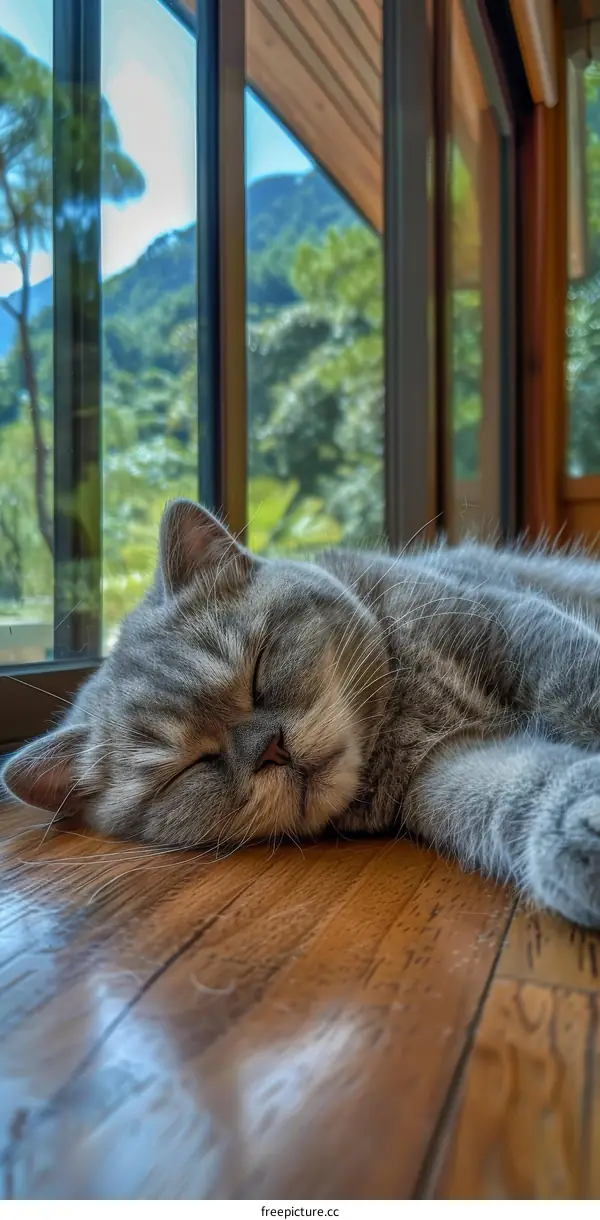 A Gray Cat Napping by the Floor-to-Ceiling Windows