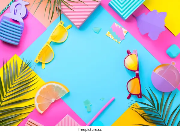 Summer Flat Lay with Sunglasses, Palm Leaves, and Fruit