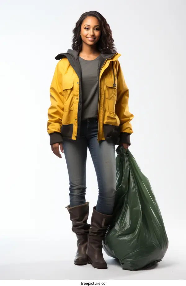 Woman in yellow jacket holding a green garbage bag