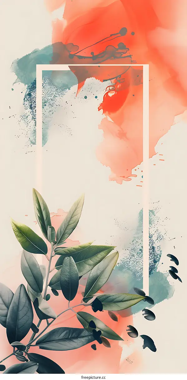 Abstract Watercolor Painting with Green Leaves