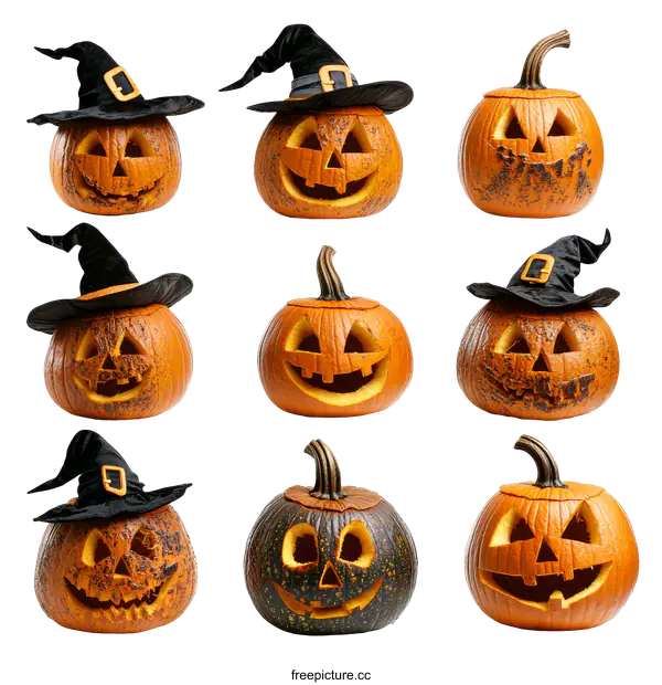 [Transparent Background PNG]Halloween Pumpkins with Witch Hats