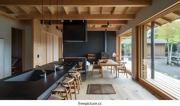 Modern Japanese Style Kitchen and Dining Room with Wooden Beams and Large Windows