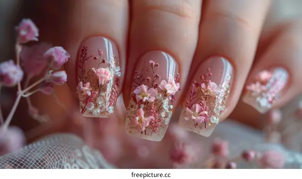 Close-up of a hand with a flower design on the nails