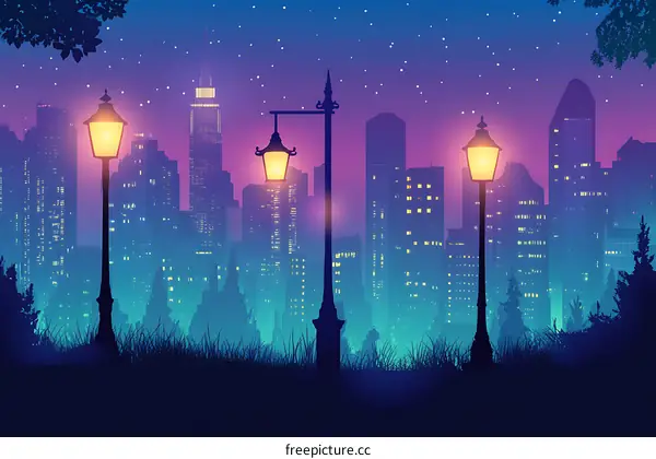 Silhouette of Cityscape with Street Lights at Night