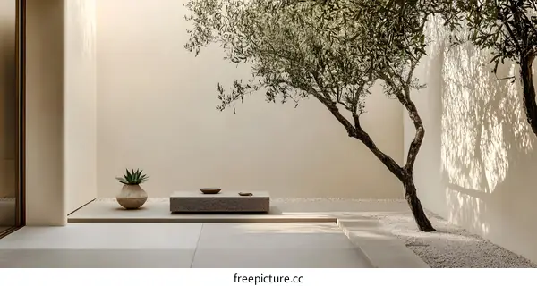 Minimalist Patio Design with Olive Tree and Stone Table