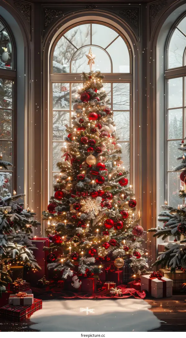Christmas Tree with Gifts and Decorations in a Large Window