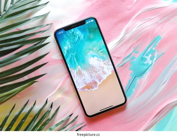 Smartphone with Beach Scene Wallpaper on a Pink and Blue Background