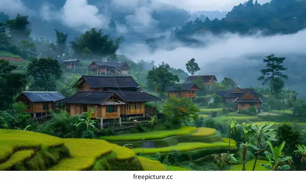 houses on terraced rice fields in mountains