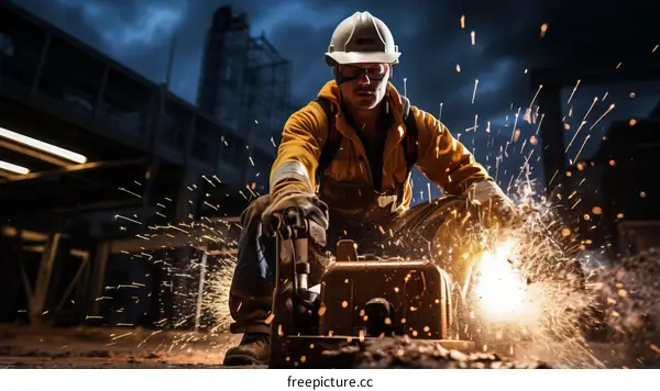 welder working on a metal pipe in a shipyard
