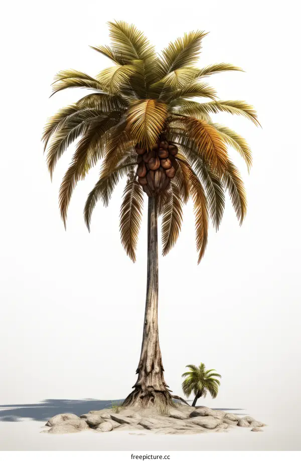 A tall palm tree with a few small palm trees growing at its base