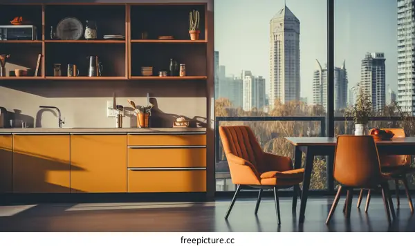 Modern kitchen with a view of the city