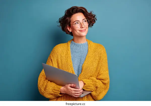 Woman Holding Laptop with Thoughtful Expression