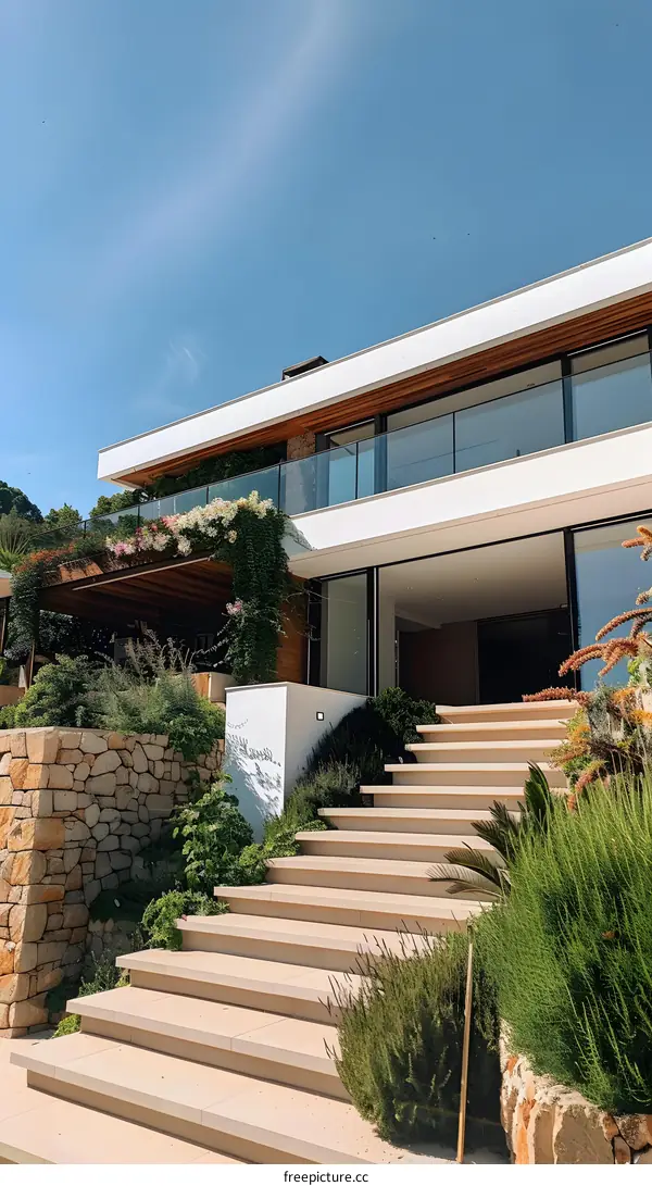 Modern House with Stone Wall and Stairs