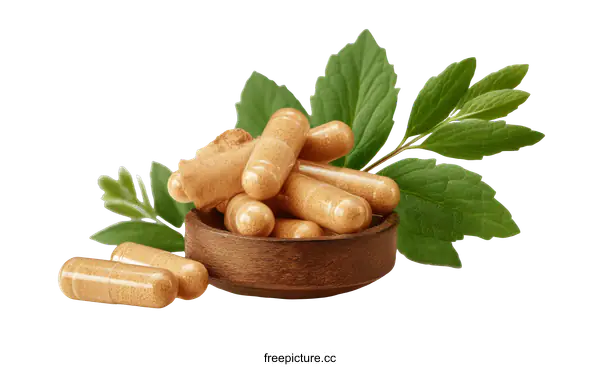 [Transparent Background PNG]Brown Capsules in Wooden Bowl with Green Leaves