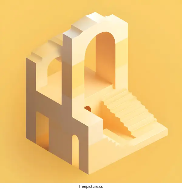Abstract Minimalist 3D Illustration of a Yellow Building with Arches and Stairs