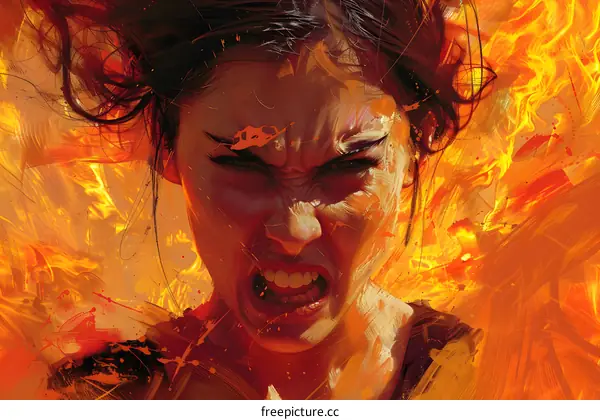 Portrait of a screaming woman with fire in the background