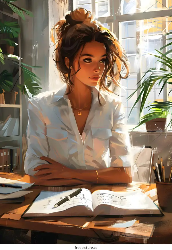 An elegant woman sitting at a desk surrounded by plants and books