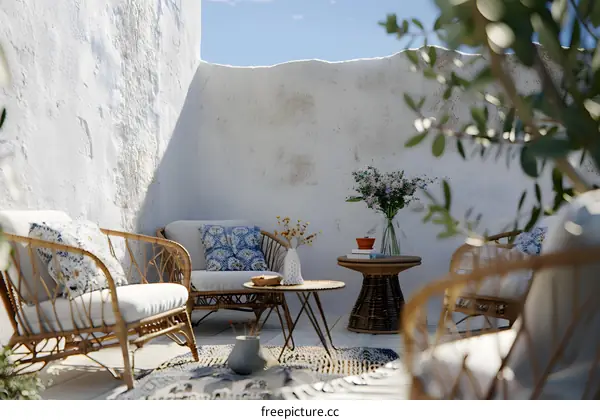 Relaxing Patio With Wicker Furniture And White Wall