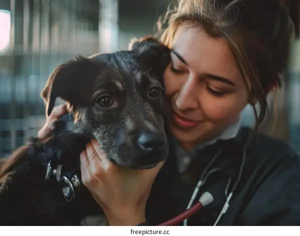 Young caucasian woman hugging a black dog in a shelter