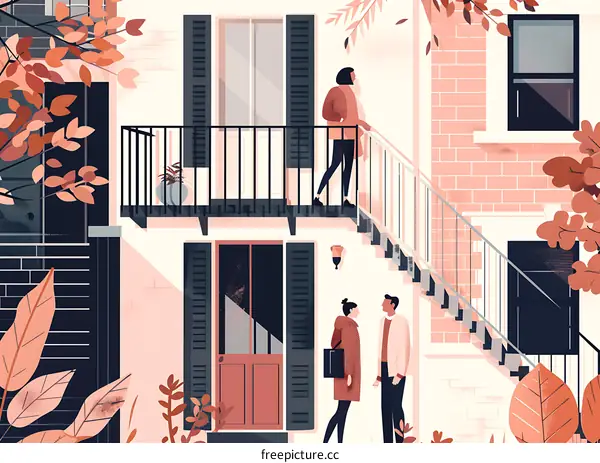 Couple Standing Outside Building in Front of Stairway with Fall Foliage