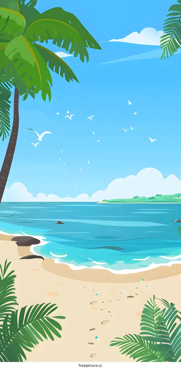 Tropical Beach Scene with Palm Trees and Seagulls