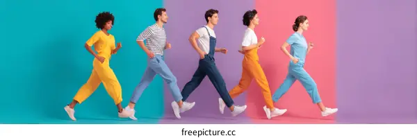 Colorful People Running in a Row