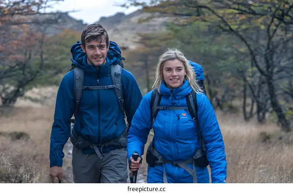 Couple Hiking Through the Forest in Blue Jackets