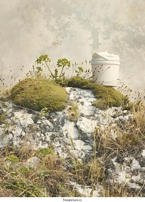 Cream Jar On A Rock With Moss