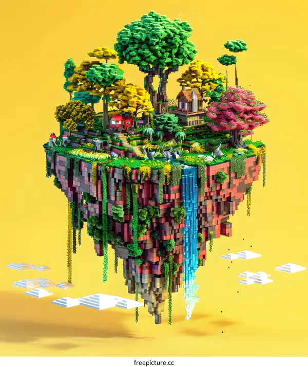 Floating Island 3D Illustration with Waterfall and Lush Vegetation