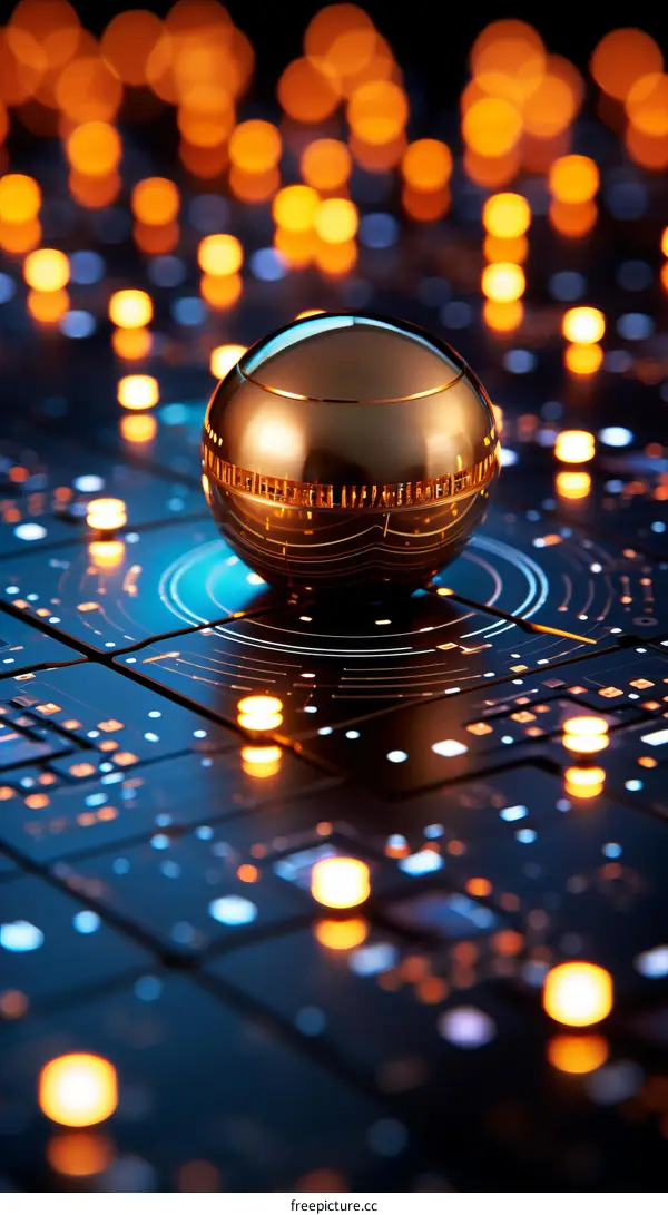 3D rendering of a golden sphere on a circuit board with blue and orange lights