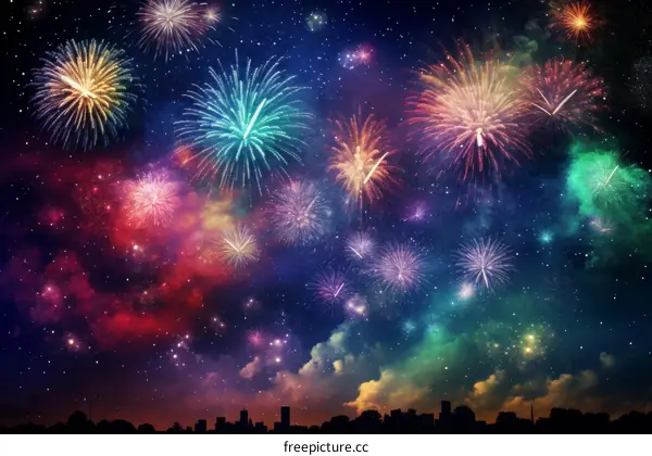 Fireworks light up the night sky over a city